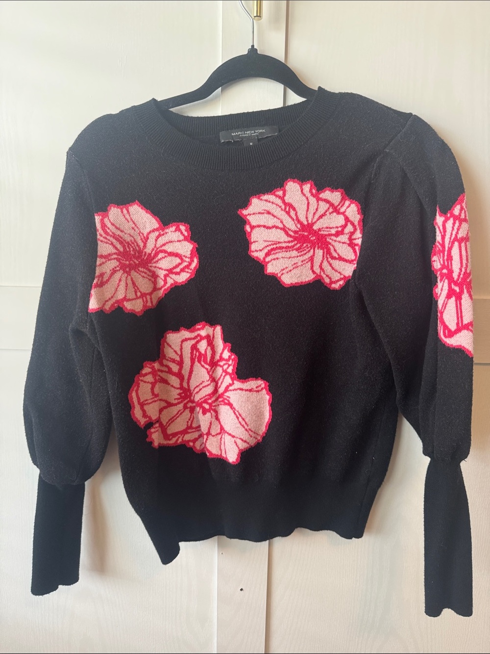 Marc New York Black Crewneck Sweater with Pink Floral Motif